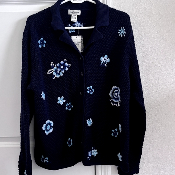 Van Hausen Vintage Navy Blue Floral Women's Embroidered Cardigan - Picture 1 of 4